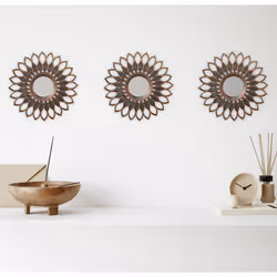 Relaxdays - Lot de 3 miroirs, décoration florale avec ornements, diamètre de 25 cm, cadre en plastique, bronze - noir