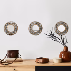 Relaxdays - Lot de 3 miroirs, forme ronde et motif soleil, diamètre de 25 cm, décoration, cadre en plastique, doré - noir
