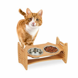 Relaxdays - Gamelles et support en bambou, pour chats & petits chiens, HxLxP: 18x36x21 cm, 2 contenants, nature - argenté
