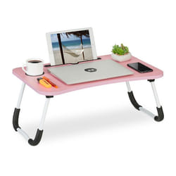 Relaxdays Table lit et canapé ordinateur portable porte-tablette encoche gobelet HxLxP : env. 26x63x40 cm rose/blanc