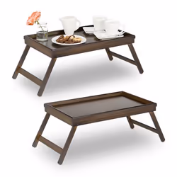 2x Tablette de Lit Bambou Pieds Rabats Rebords Plateau de Service & Petit Déjeuner 22x64x31cm Marron Foncé