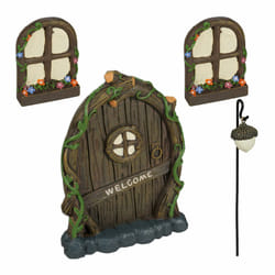 Relaxdays - Set pour fée d'extérieur (jardin), 2 fenêtres, 1 lampadaire, 1 porte, pierre artificielle, multicolore