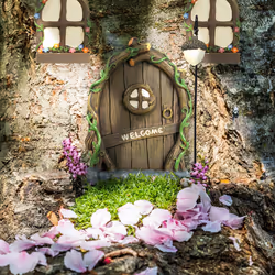 Relaxdays - Set pour fée d'extérieur (jardin), 2 fenêtres, 1 lampadaire, 1 porte, pierre artificielle, multicolore