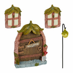 Relaxdays - Set pour fée d'extérieur (jardin), déco, 2 fenêtres, 1 lampadaire, 1 porte, pierre artificielle, multicolore