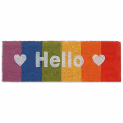 Ce paillasson en fibres de coco, avec son inscription Hello blanche, son motif cœur et ses bandes aux couleurs de l'arc-en-ci ...