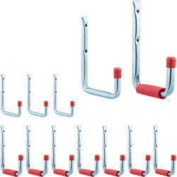 Relaxdays - Porte-outils, lot de 12, 2 tailles, jusqu'à 17,5 kg, crochet mural, garage, cave, acier, mousse, argenté/rouge