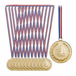 Relaxdays Lot de 12 médailles pour enfants ruban Numéro 1 remise de prix 6 cm Ø plastique bronze argent doré