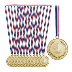 Relaxdays Lot de 12 médailles pour enfants ruban Numéro 1 remise de prix 6 cm Ø plastique bronze argent doré