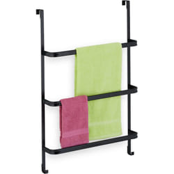 Relaxdays - Porte-serviettes, sans perçage, 3 barres 2 crochets, HxLxP : 85x54,5x15 cm, sèche-serviettes, acier, noir