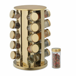 Relaxdays Tourniquet à épices avec 20 pots en verre, embouts tamiseur, rotatif 360°, acier inoxydable, doré/transparent