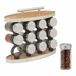 Relaxdays Lot de 12 pots à épices avec support, embouts tamiseur, poignée, non fixe, aspect bois, nature et argenté