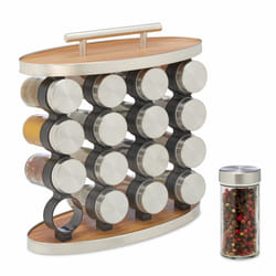 Lot de 16 pots à épices avec support, embouts tamiseur, poignée, hlp : 29 x 28 x 12 cm, argenté et nature - Relaxdays