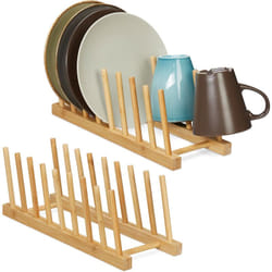 Égouttoir, lot de 2, pour 8 assiettes, planches à découpées, support à couvercles, range-planche en bambou, nature