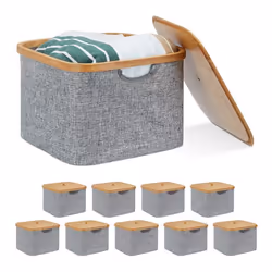 10x Panier de rangement en tissu boîte de rangement gris bambou couvercle poignées HxlxP: 25 x 33 x 33 cm gris