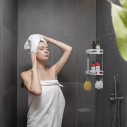 Relaxdays - tagère de douche à 2 niveaux, montage mural, 2 crochets, HxLxP : env. 39 x 30 x 23 cm, aluminium, argenté
