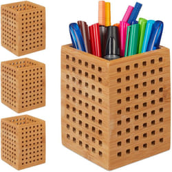 Pot à crayon bambou, lot de 4, porte-stylos bois, pour ciseaux, style maison de campagne, HxLxP 11,5 x 9 x 9 cm, nature