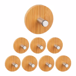8x Patères à serviettes collants crochets muraux ronds cuisine acier & bambou naturel