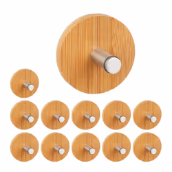 12x Patères à serviettes collants crochets muraux ronds cuisine acier & bambou naturel