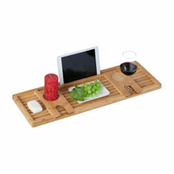 Relaxdays Pont de baignoire en bambou, 73,5 cm de large, tablette de bain avec support pour verre & tablette, nature