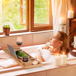 Relaxdays Pont de baignoire en bambou, 73,5 cm de large, tablette de bain avec support pour verre & tablette, nature