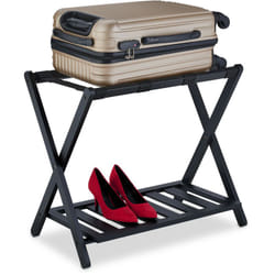 Repose-valise, pliant, bambou, HxLxP : 59x68x40 cm, porte-bagage avec étagère, support sac voyage, hôtel, noir - Relaxdays