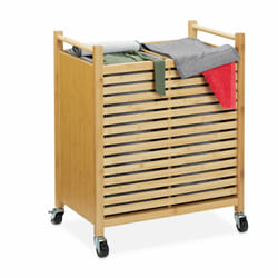 Panier à linge, 2 bacs de 28 l, corbeille trieuse sur roulettes, HxLxP : 66,5x54x35 cm, bambou, nature/gris - Relaxdays