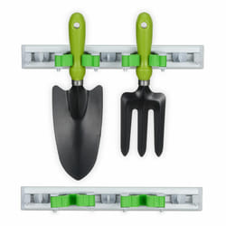 Relaxdays - Porte-outils mural, lot de 2, fixation balai, outils de jardin, 5 crochets & 2 pinces, aluminium, argenté/vert