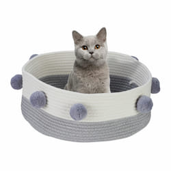 Relaxdays Panier pour chat et petit chien, pompons, coton, corbeille tressée, H x D : 16,5 x 41 cm, gris et blanc