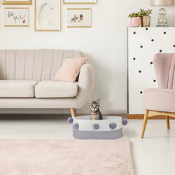 Relaxdays Panier pour chat et petit chien, pompons, coton, corbeille tressée, H x D : 16,5 x 41 cm, gris et blanc