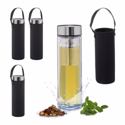 Relaxdays Gourde à thé avec filtre 450 ml bouteille en verre lot de 4 à emporter housse néoprène transparent