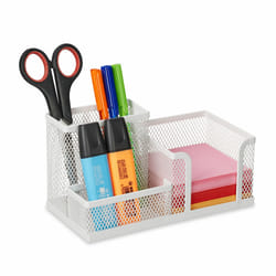 Relaxdays - Organiseur bureau, 3 compartiments, aspect maille, hlp : 10 x 18,5 x 9,5 cm, bloc mémo et porte-stylos, blanc