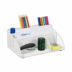 Relaxdays - Organiseur bureau, 5 compartiments, aspect maille, métal, HxLxP: 10,5 x 25,5 x 17 cm, rangement bureau, blanc