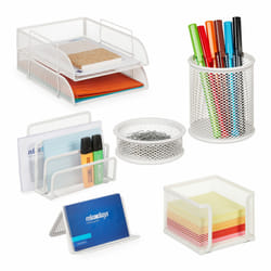 Relaxdays - Organiseur bureau 7 pièces, métal, range-documents, lettres, range-notes, porte-stylos, range-trombones, blanc