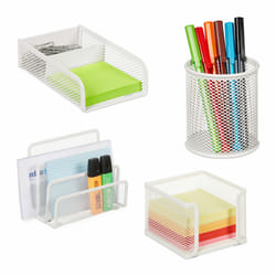 Relaxdays - Organiseur bureau, 4 pièces, métal, porte-documents, compartiment pour notes, porte-trombones et stylos, blanc