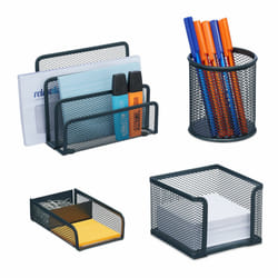 Relaxdays - Organiseur de bureau, 4 pièces, métal, porte-documents, compartiment notes, trombones et stylos, anthracite