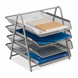 Relaxdays - Porte-courriers, range-documents pour format A4, 4 compartiments, 32,5 x 30 x 35 cm, aspect maille, argenté