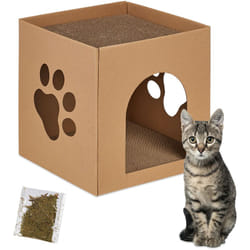 Relaxdays - Niche en carton pour votre chat, avec griffoirs, à construire, herbe aux chats incluse, 30x30x30,5 cm, marron