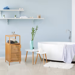 Relaxdays - Meuble salle de bain bambou, HxLxP: 87 x 36,5 x 33 cm, rangement avec porte, 2 étagères, armoire, nature