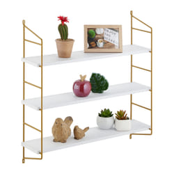 Relaxdays Étagère murale, HxLxP: 60 x 60 x 15 cm, rangement à 3 niveaux, MDF & fer, support salon, blanc - or
