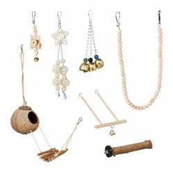 Relaxdays Lot de 7 jouets pour oiseaux, accessoires de cage, perruches, canaris, calopsittes, nichoir, perchoir, nature