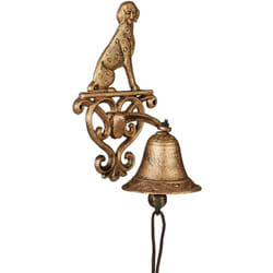 Relaxdays - Cloche en fonte, design antique, motif chien, avec corde, clochette pour l'extérieur, accessoire mural, doré