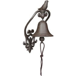 Relaxdays - Cloche en fonte, design antique, motif oiseau, avec corde, clochette pour extérieur, accessoire mural, marron