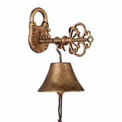 Relaxdays Cloche en fonte design antique motif clef avec corde clochette pour l’extérieur accessoire mural doré