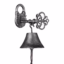 Relaxdays Cloche en fonte design antique motif clef avec corde clochette pour l’extérieur noir - argenté