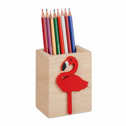 Relaxdays - Pot à crayons flamant rose, bois, HxLxP : 10 x 8 x 6 cm, porte-stylos pour bureau, pinceaux, nature - rouge
