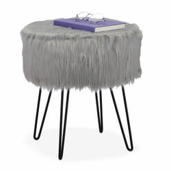 Tabouret fourrure, pouf matelassé, longs poils, structure en métal, pour coiffeuse, HxD : 41x37 cm, gris/noir - Relaxdays