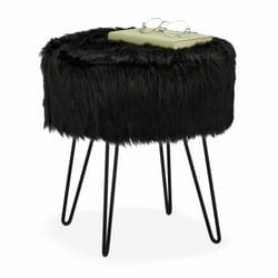 Relaxdays Tabouret fourrure, pouf matelassé, longs poils, structure en métal, pour coiffeuse, HxD : 41x37 cm, noir