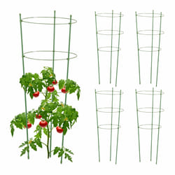 Tuteur à tomates en lot de 5, métal et plastique, hauteur : 76 cm, 3 anneaux réglables, pour plantes, vert - Relaxdays