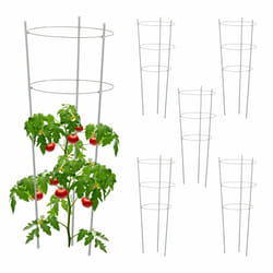 Tuteur à tomates en lot de 6, métal et plastique, hauteur : 76 cm, 3 anneaux réglables, pour plantes, gris - Relaxdays