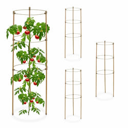 Relaxdays Tuteur à tomates en lot de 4, métal et plastique, hauteur : 60 cm, 3 anneaux réglables, pour plantes, marron